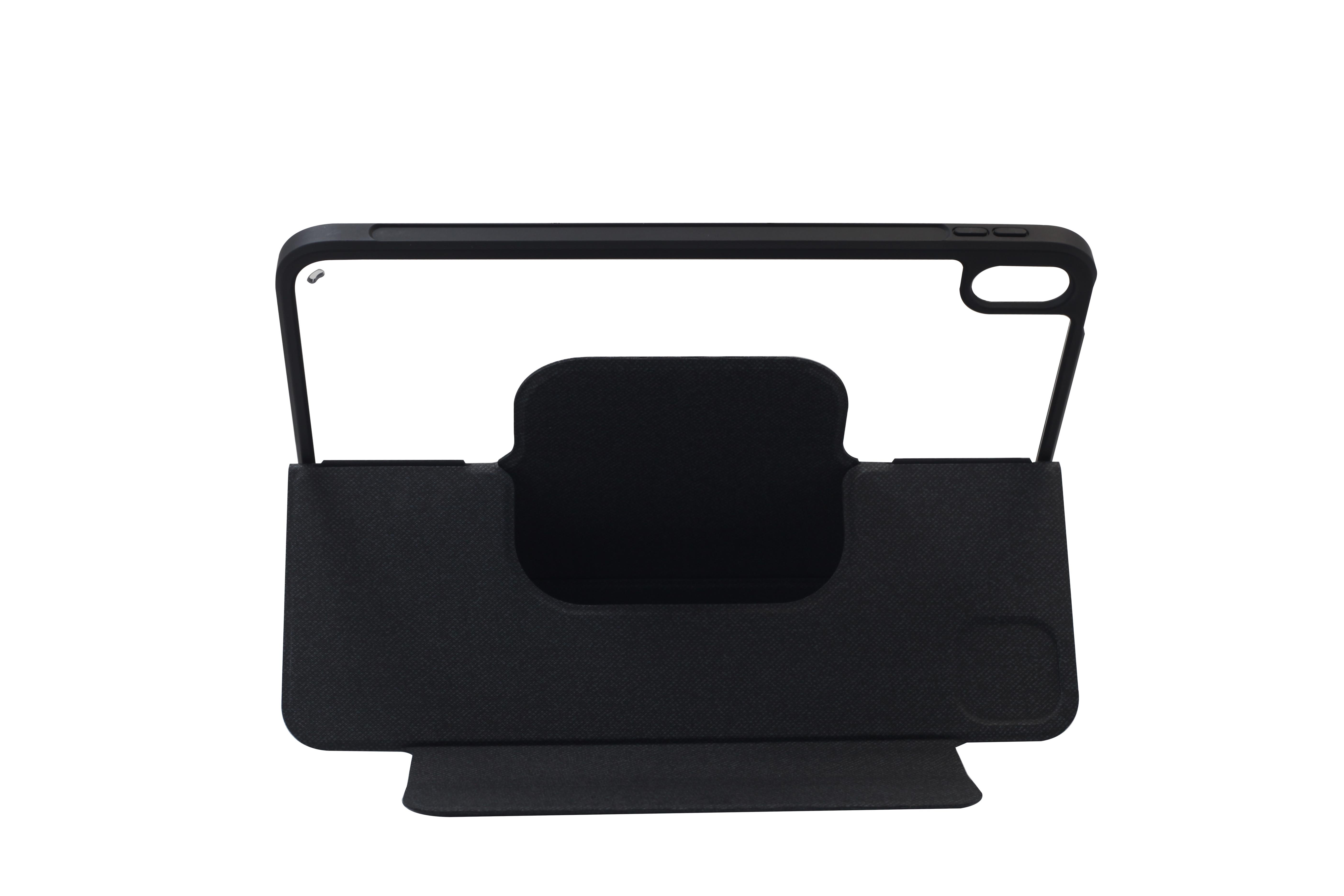 Schwarze Tablet-Hülle mit klarem Rahmen und Ständer, auf weißem Hintergrund.