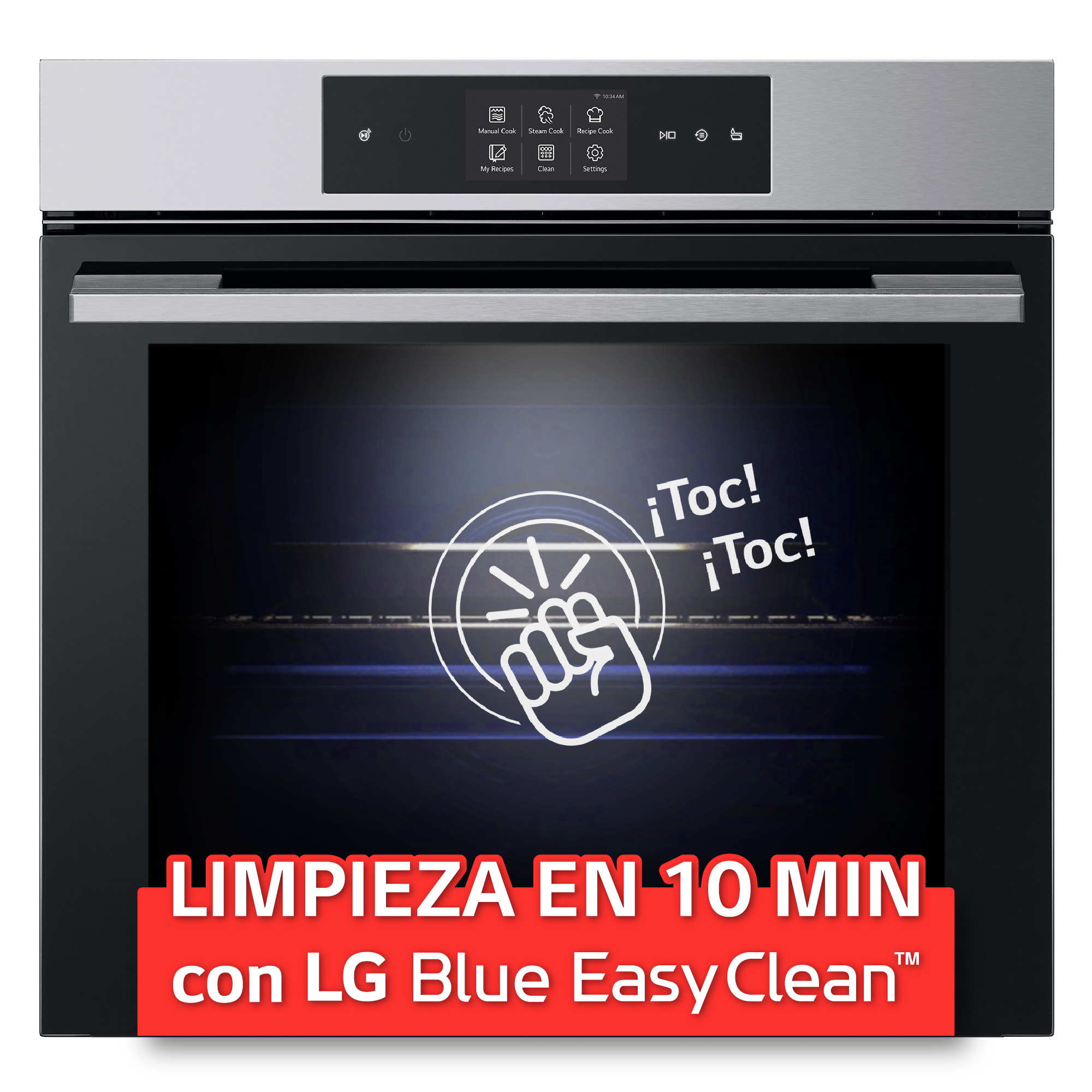 Un horno con la puerta cerrada. El texto dice 'LIMPIEZA EN 10 MIN' con 'LG Blue EasyClean' debajo.