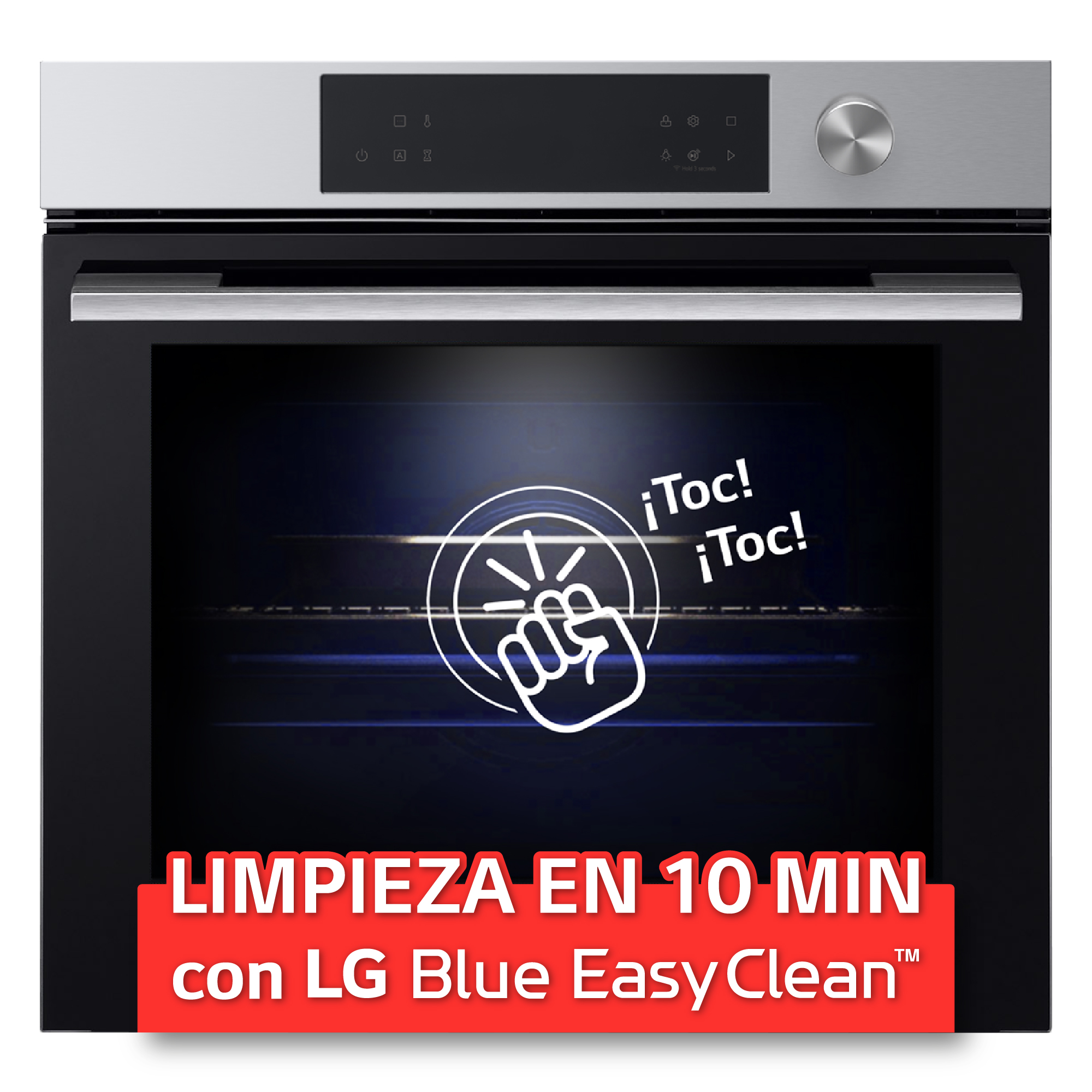 Puerta del horno con texto: Limpieza en 10 min, LG Blue EasyClean. Icono de mano indica tacto.