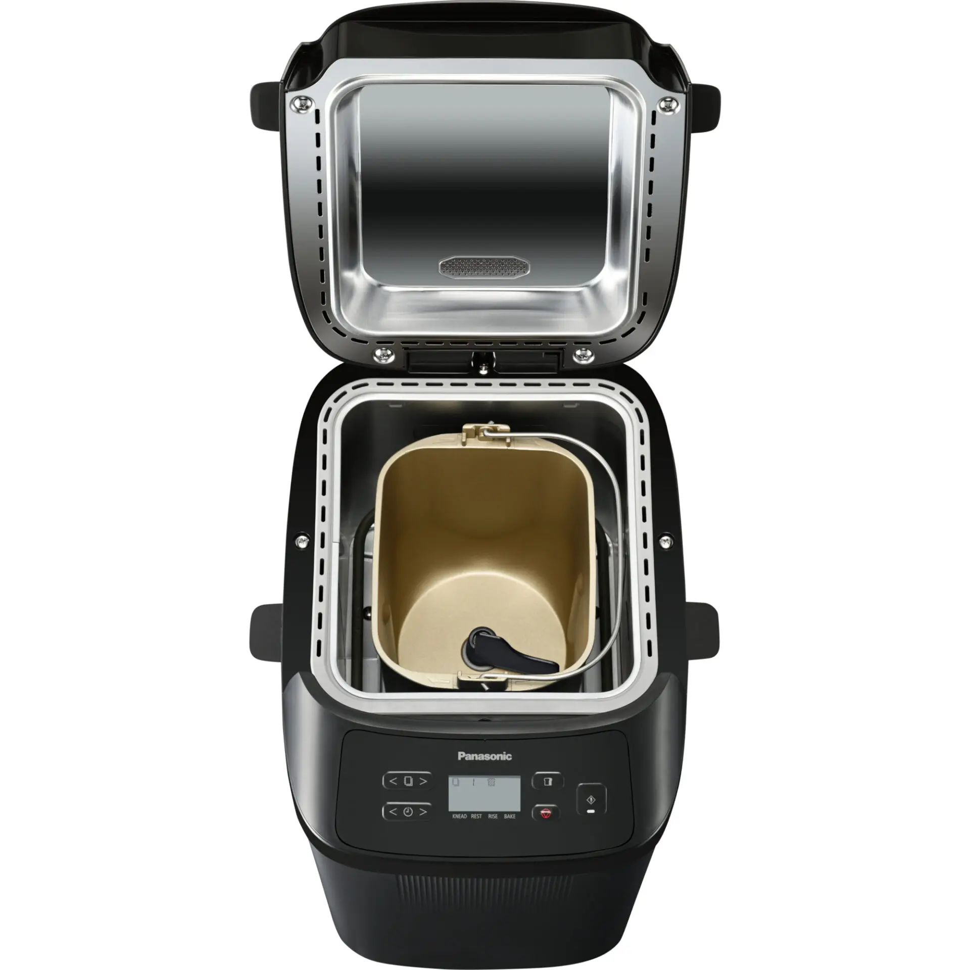 Otwarta czarna maszyna do pieczenia chleba Panasonic ze złotym pojemnikiem na chleb w środku.