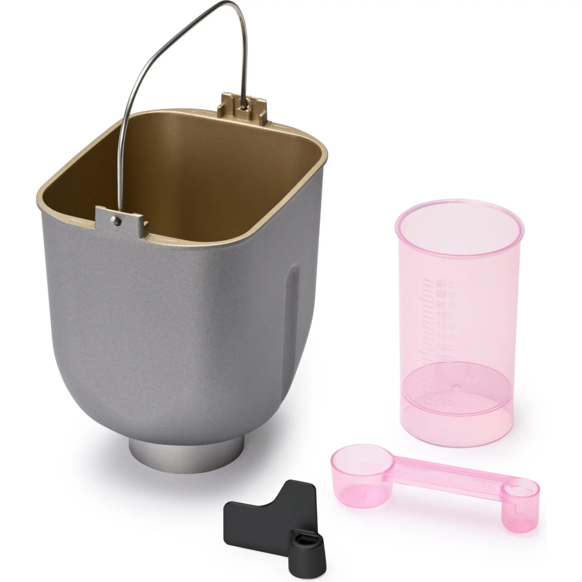 Części maszyny do chleba: wiadro, miarka, łyżka.