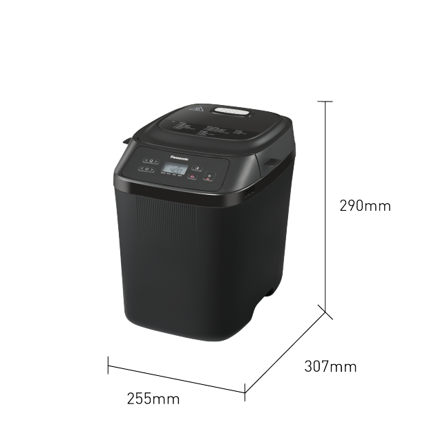 Czarna maszyna do pieczenia chleba z wymiarami i panelem sterowania.