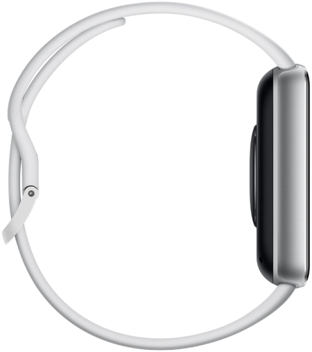 Egy ezüst Apple Watch oldalsó nézete fehér szíjjal.