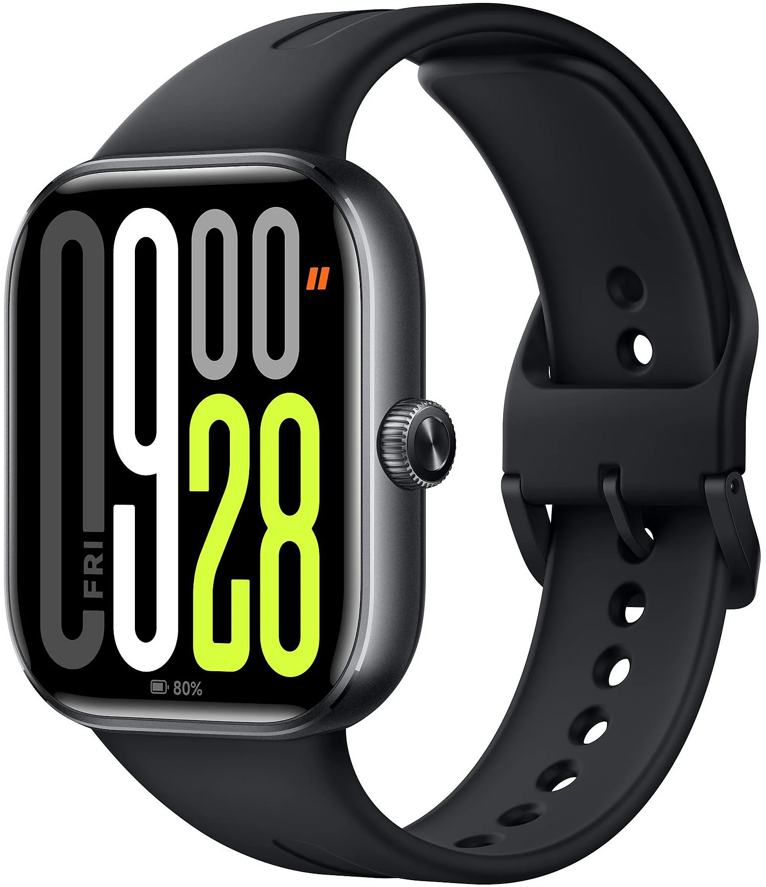 Fekete okosóra négyzet alakú kijelzővel, időt és akkumulátor százalékot mutat, fehér háttérrel.