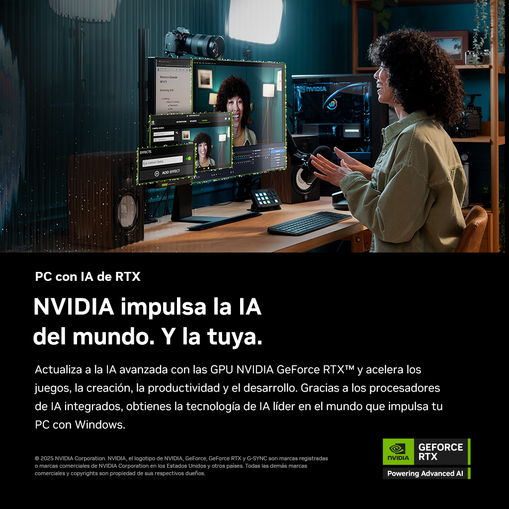 Mujer frente a una computadora. Múltiples pantallas con software de edición de video. Logo verde.