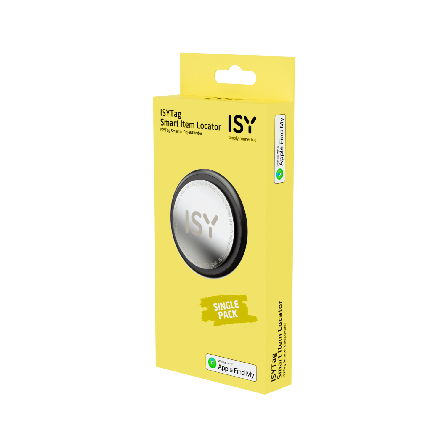Een ISY Smart Item Locator-doos, geel en zwart, met apparaat en logo.