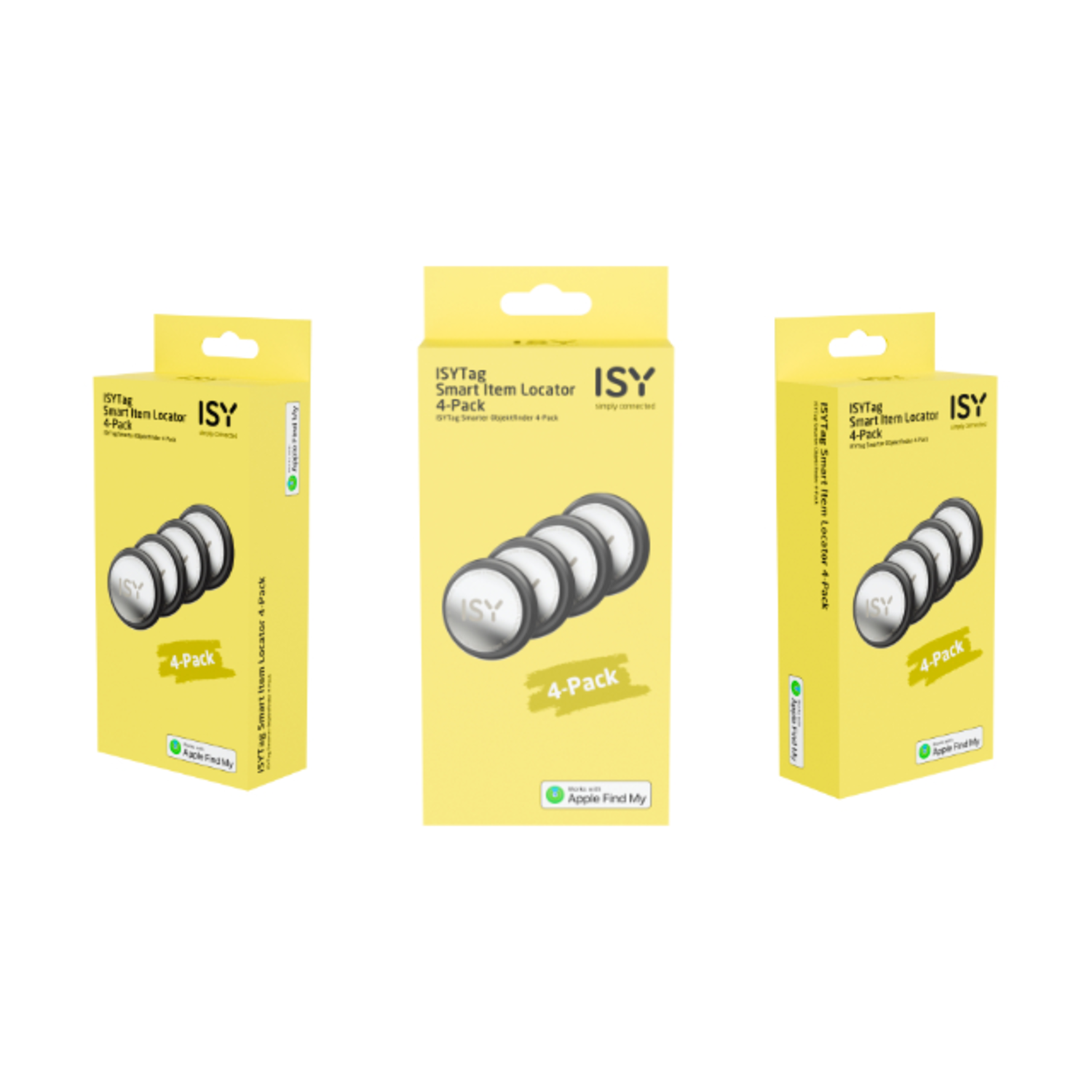 Drie gele dozen met ISYTag Smart Item Locators, met Apple Find My logo.