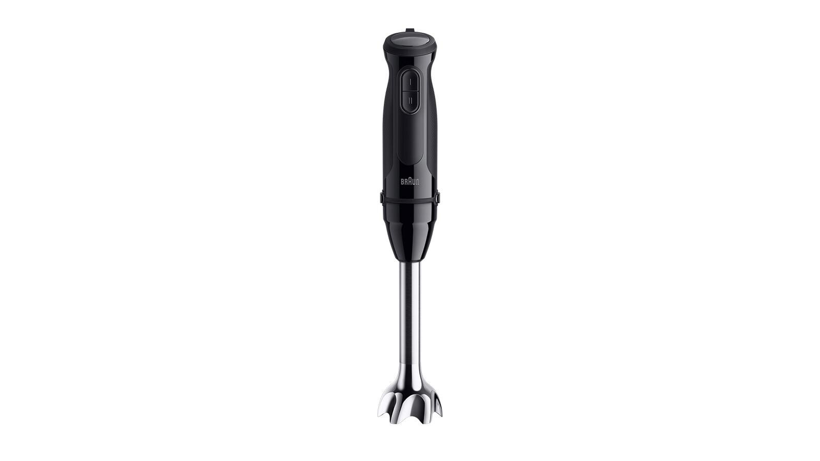 Ein schwarzer und silberner Braun-Handmixer. Er hat einen schwarzen Griff mit zwei Knöpfen und eine Edelstahl-Mixwelle.