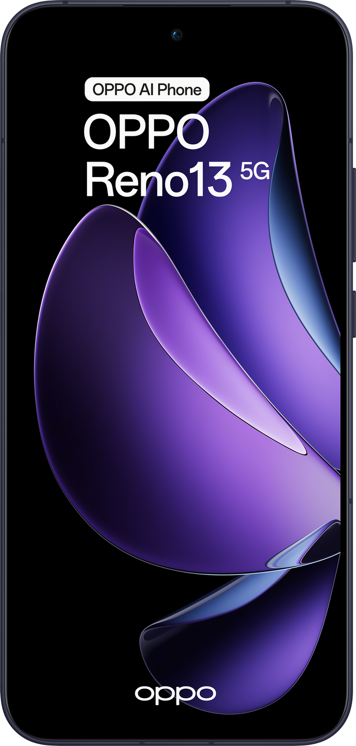 Smartphone OPPO Reno13 5G, azul oscuro, con diseño púrpura.