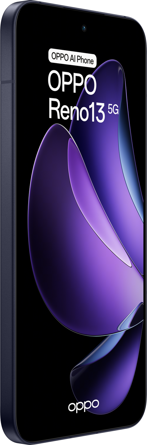 Teléfono azul con pantalla mostrando la interfaz Oppo Reno13 5G.