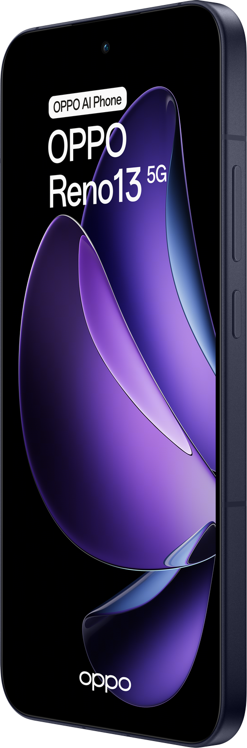 Un teléfono Oppo Reno 13 5G azul oscuro. Muestra la pantalla del teléfono, mostrando un diseño púrpura abstracto.