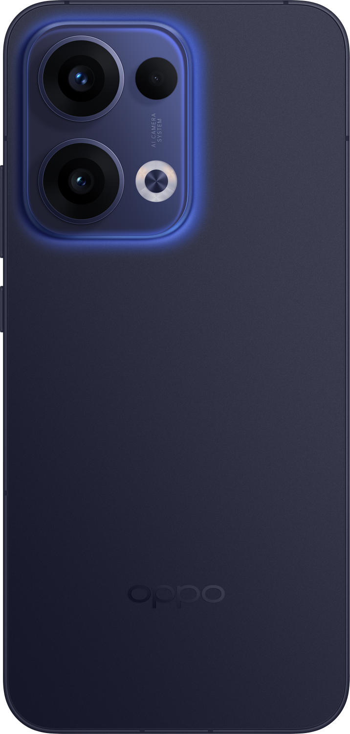 La imagen muestra un teléfono inteligente azul oscuro con una configuración de cámara.