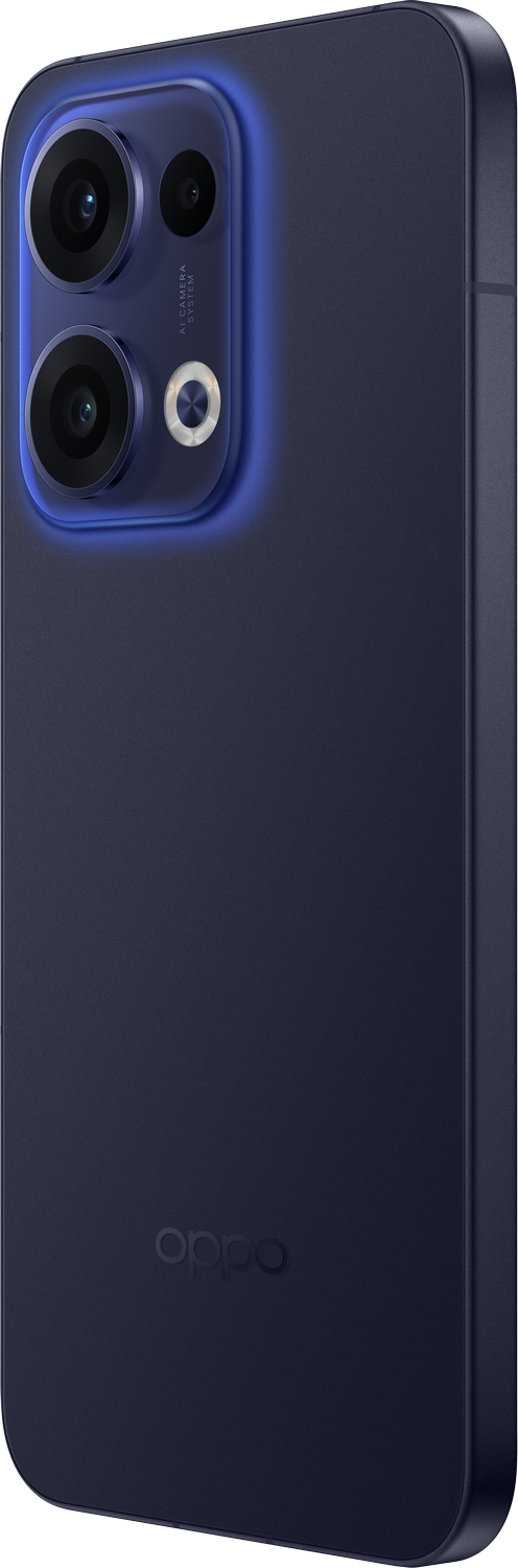 Teléfono azul oscuro con lentes de cámara, la parte trasera con el logo Oppo.
