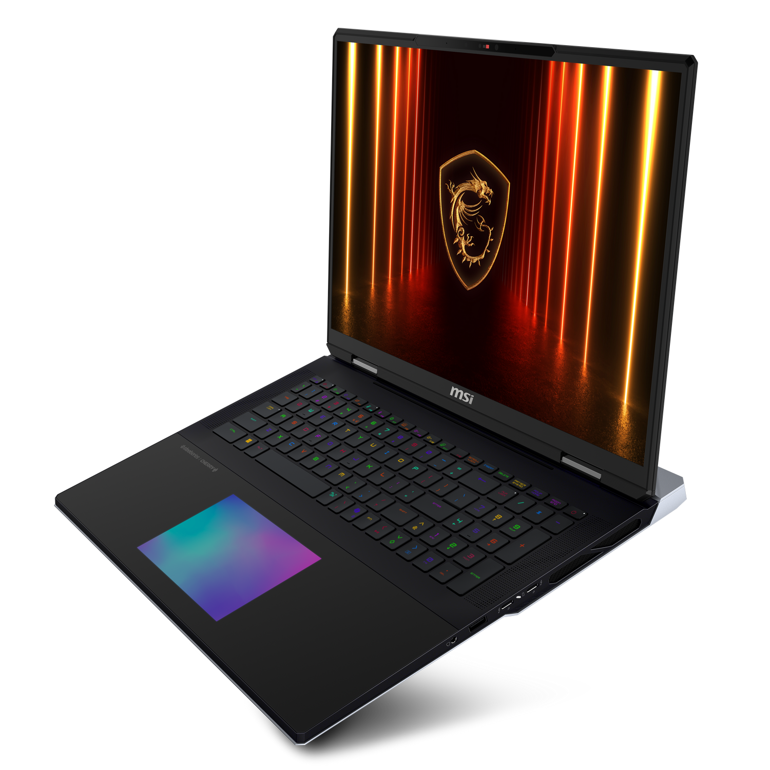 Laptop MSI negro abierto en un escritorio, mostrando una pantalla colorida con un logo de dragón. El teclado está iluminado.