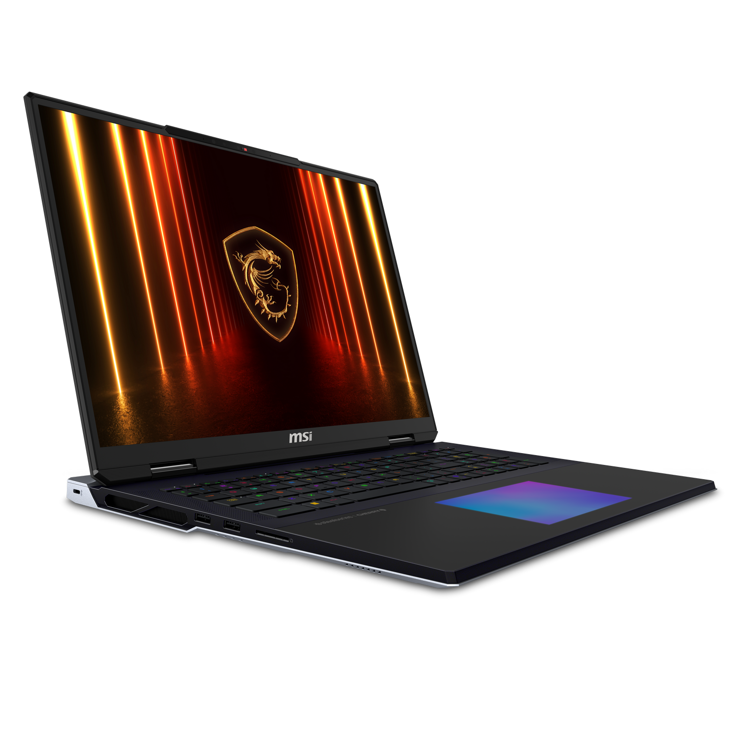 Laptop MSI negro abierto en un escritorio, mostrando una pantalla colorida con un logo de dragón. El teclado está iluminado.