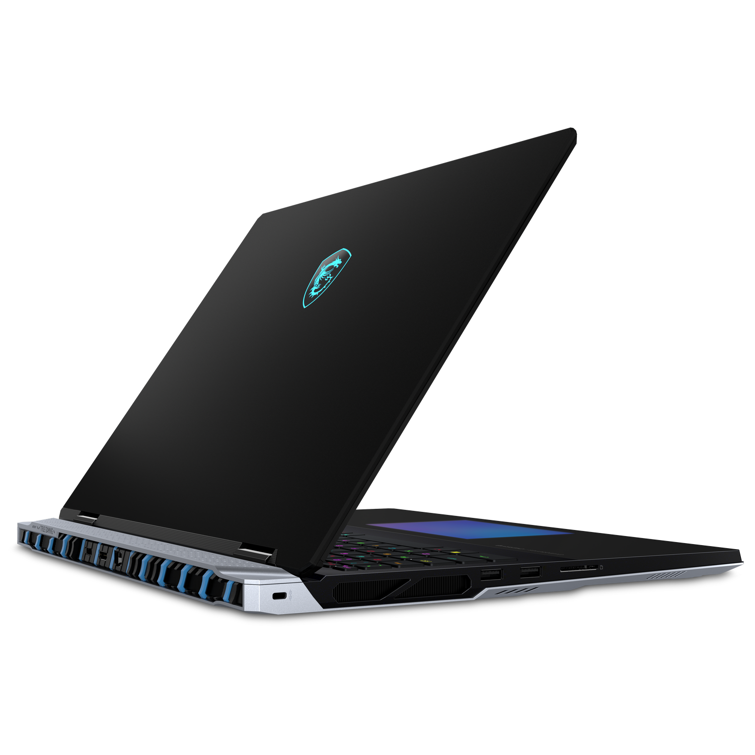 Laptop MSI negro, vista trasera, abierto. La tapa muestra un logo azul de MSI, y la base tiene puertos y ventilaciones.