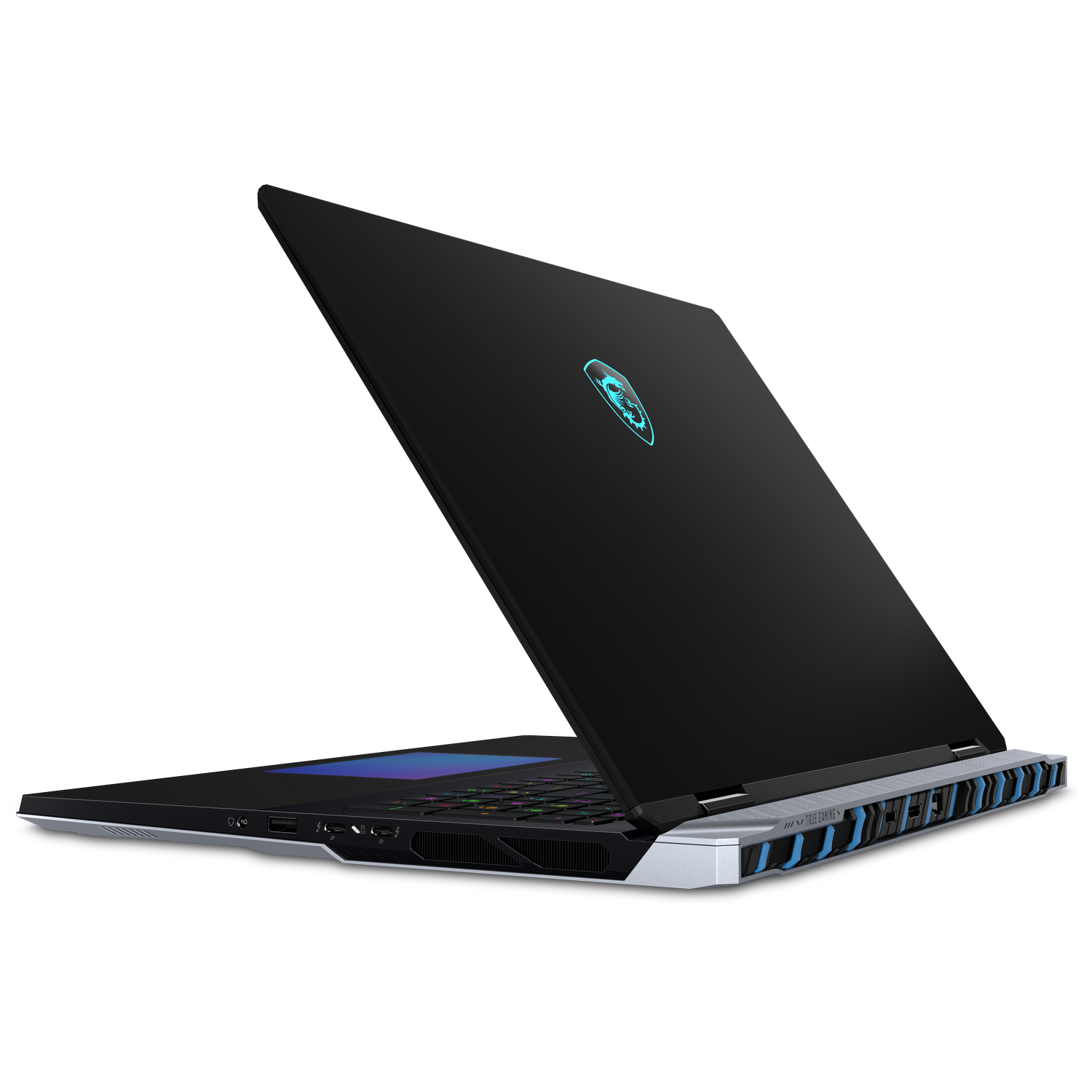 Laptop MSI negro, vista trasera, abierto. La tapa muestra un logo azul de MSI, y la base tiene puertos y ventilaciones.