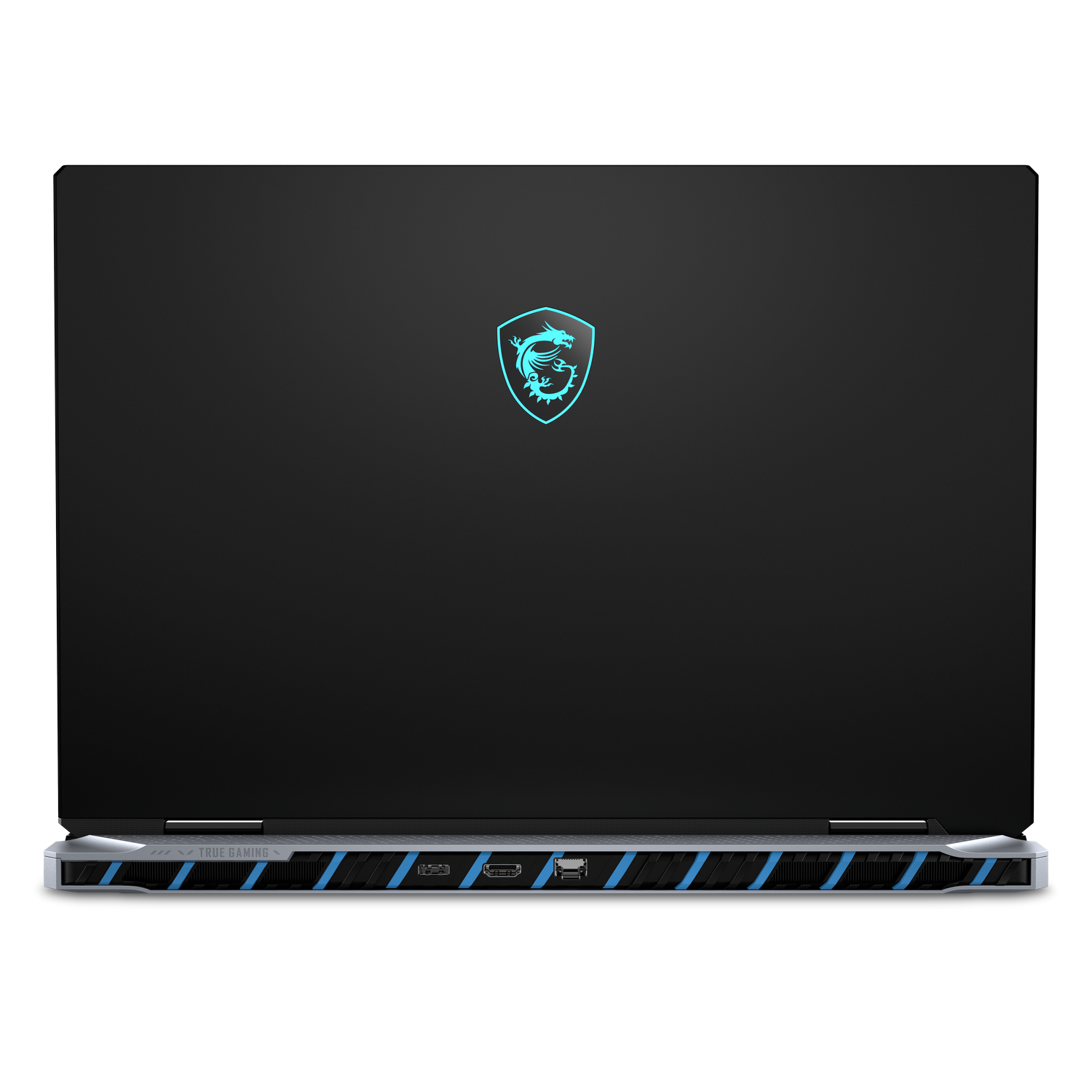Laptop MSI mostrando la parte trasera. Negro con logo de dragón azul y detalles plateados abajo.