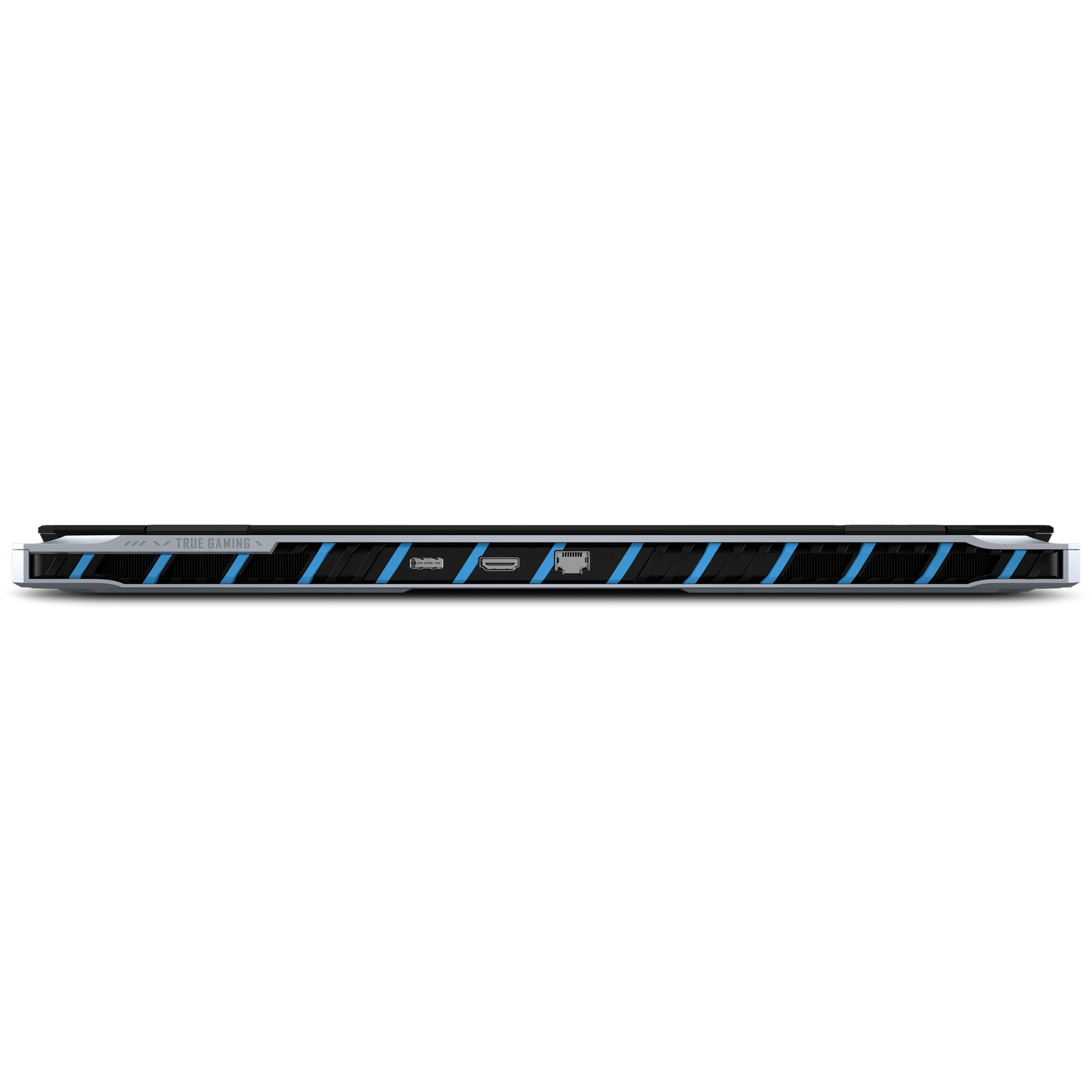 Parte inferior de la laptop con detalles azules y puertos, sobre superficie negra.