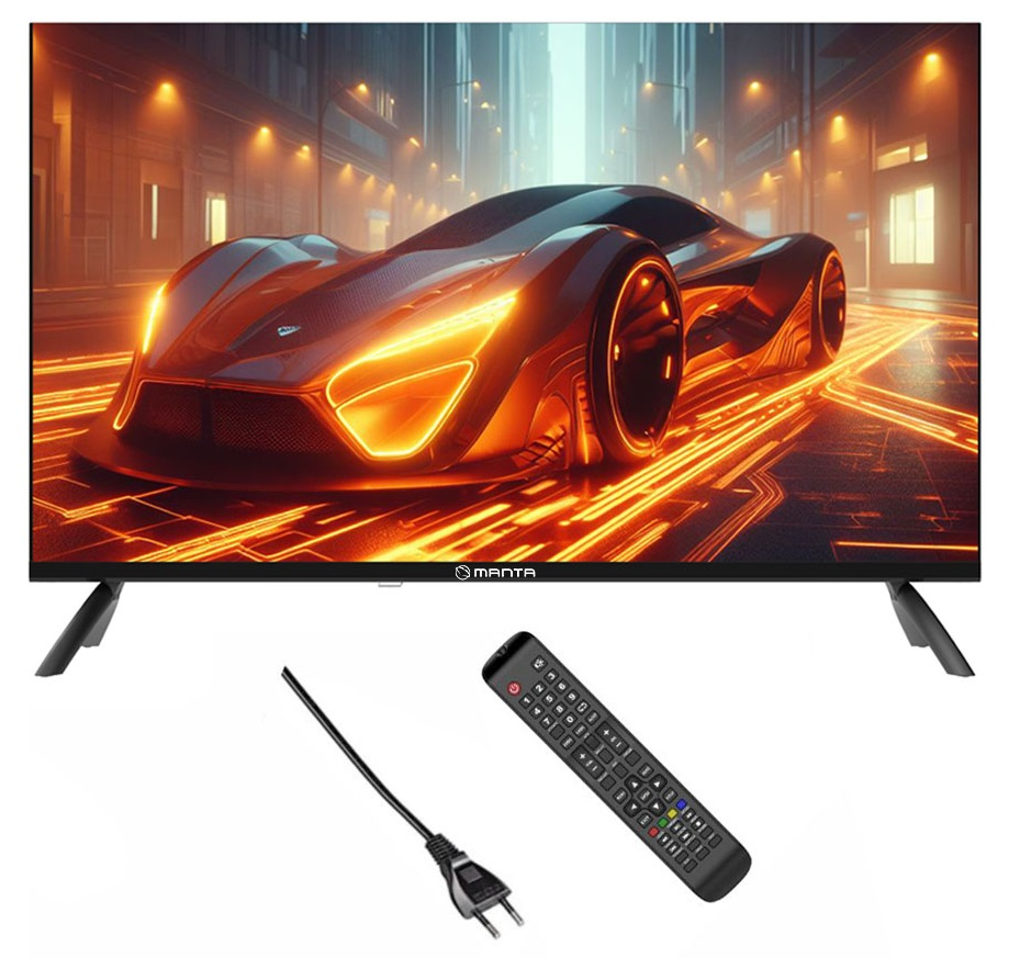 Telewizor wyświetlający futurystyczną scenę samochodową z pilotem i wtyczką.