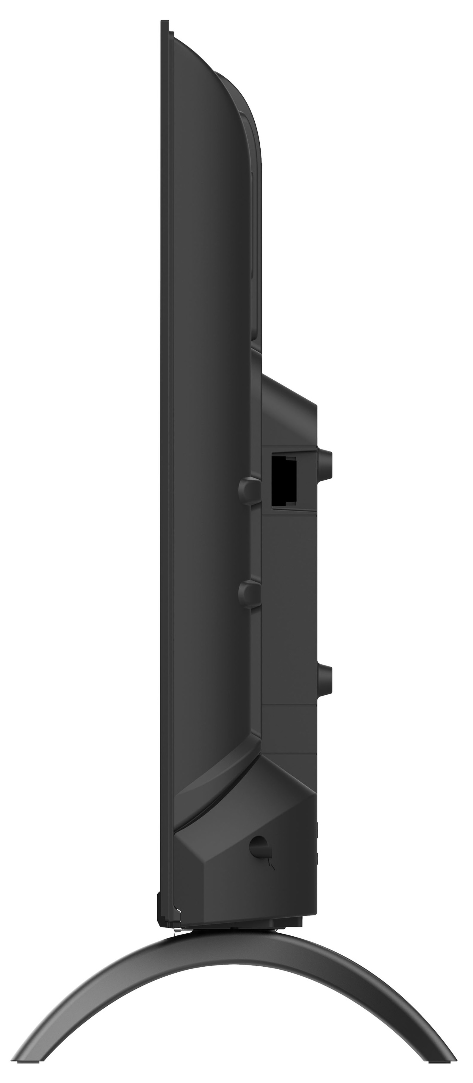 Czarny telewizor stojący na stojaku. Telewizor jest pokazany z boku. Tło jest białe.