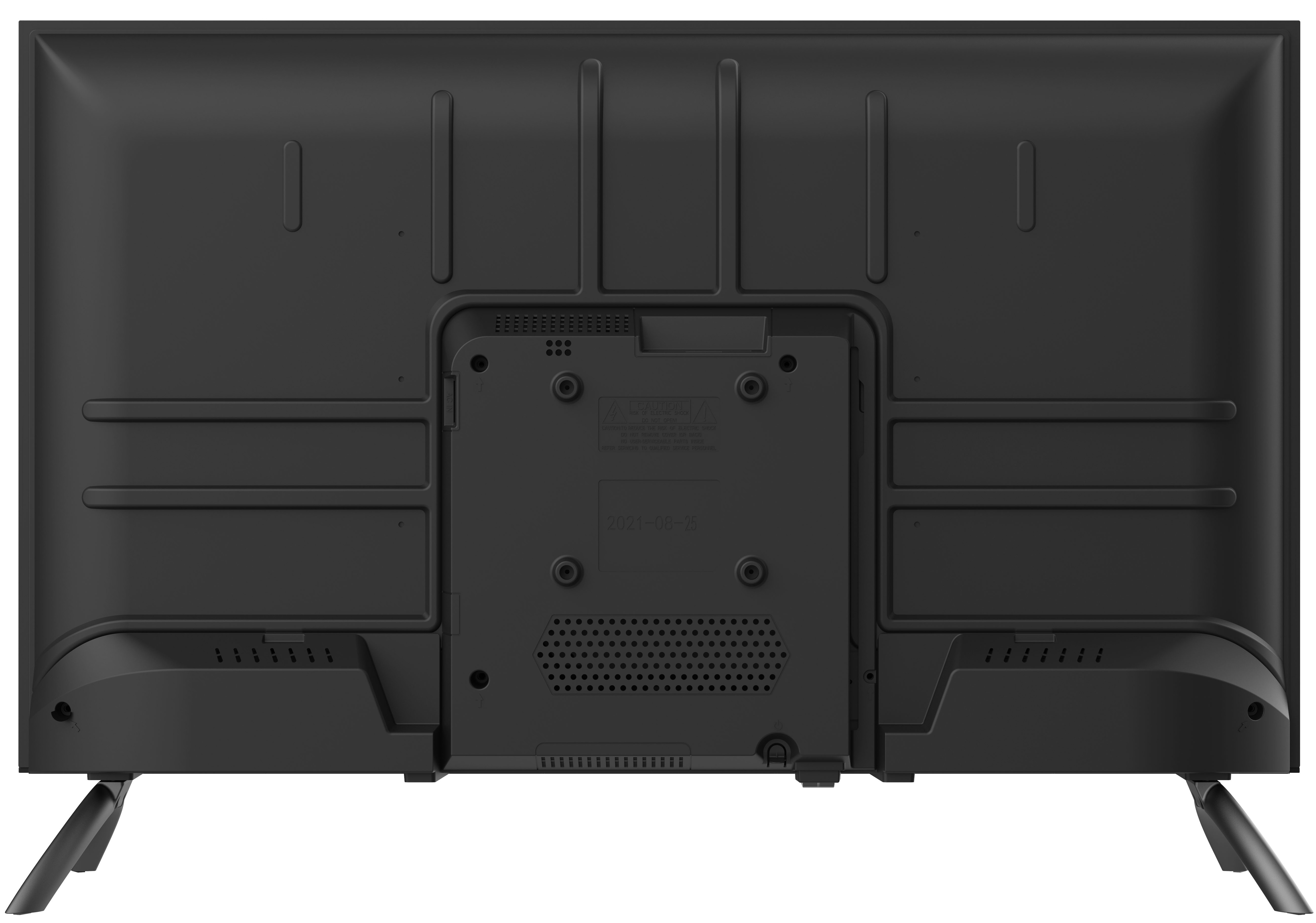 Tył czarnego telewizora z widocznymi nogami, portami i otworami wentylacyjnymi.