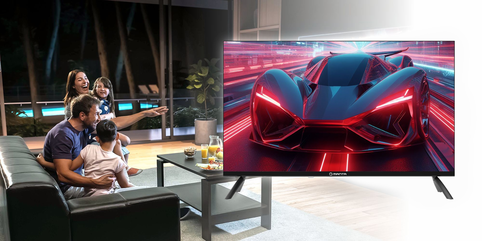 Rodzina ogląda telewizję z wyścigiem samochodowym na ekranie, w salonie w nocy. Telewizor ma nowoczesny design.