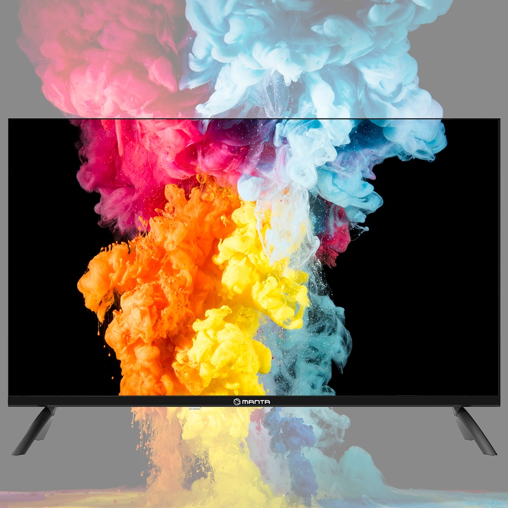 Telewizor z płaskim ekranem wyświetlający kolorowe plamy farby na czarnym tle.