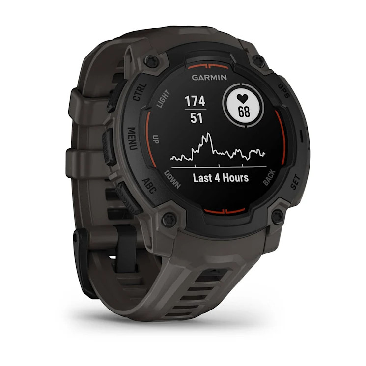 Widok z boku szarego zegarka sportowego Garmin.