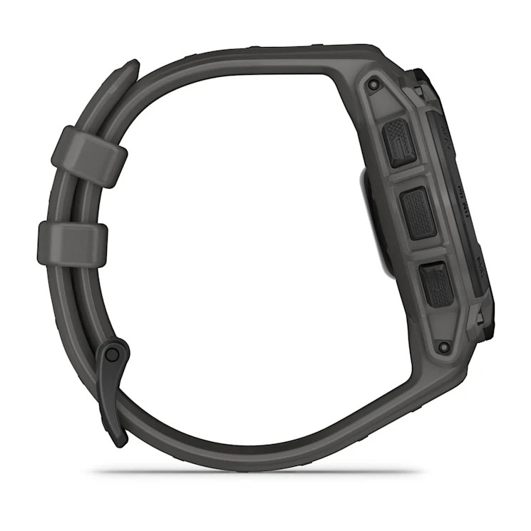 Szary smartwatch z boku, z paskiem, przyciskami, białe tło.