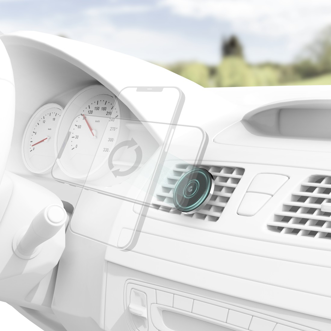 Silberne magnetische Telefonhalterung mit kreisförmigem Design auf weißem HG.