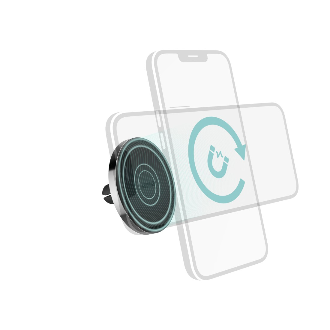 Magnetische Telefonhalterung mit drehendem Telefon und Magnetkraftsymbol.