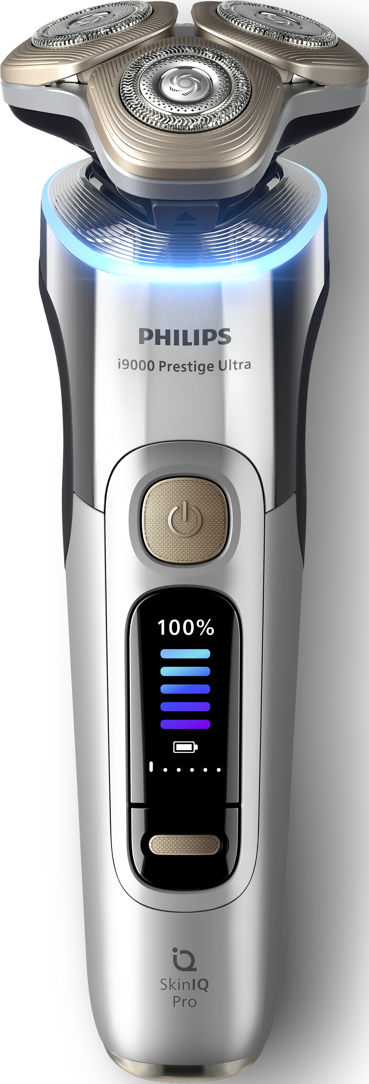 Ein silberner Philips Elektrorasierer mit drei Köpfen. Das Display zeigt 100% Akku und SkinIQ Pro.