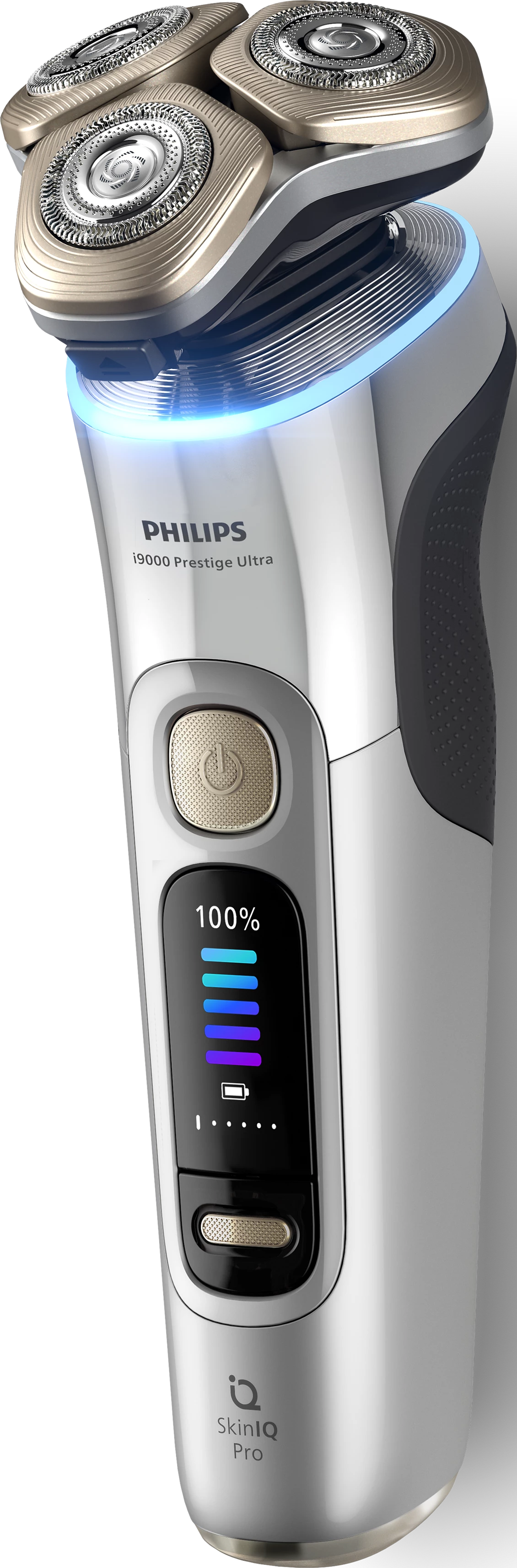 Silberner Philips-Elektro-Rasierer mit drei Köpfen. Das Display zeigt 100% Akku und SkinIQ Pro.