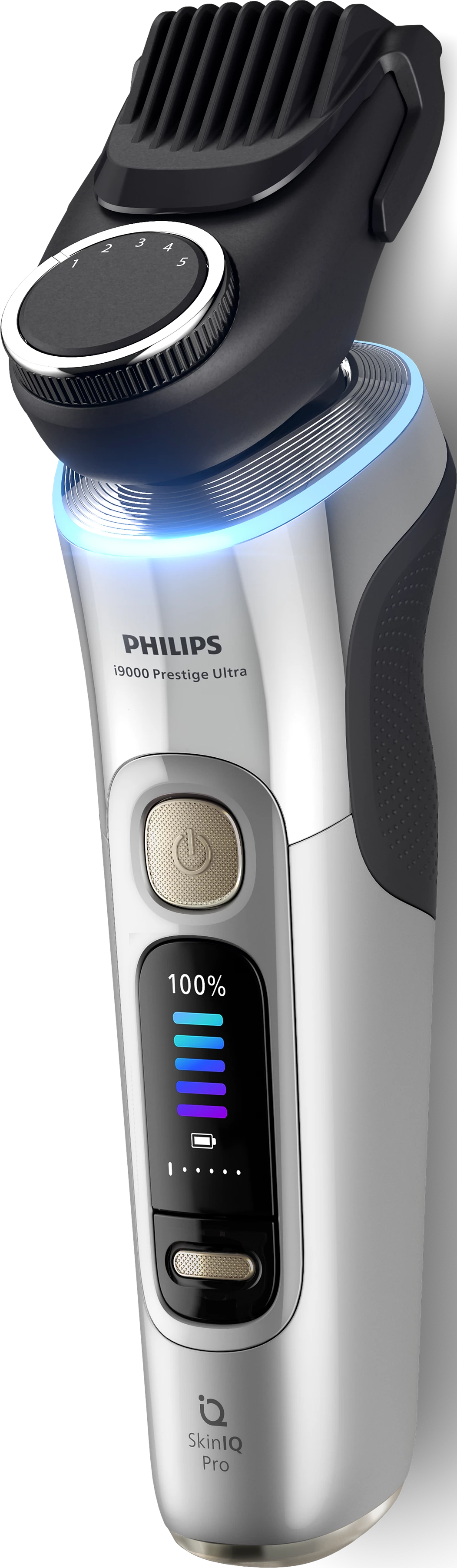 Silberner Philips-Elektrorasierer mit Trimmeraufsatz. Display zeigt 100% Akku und SkinIQ Pro.
