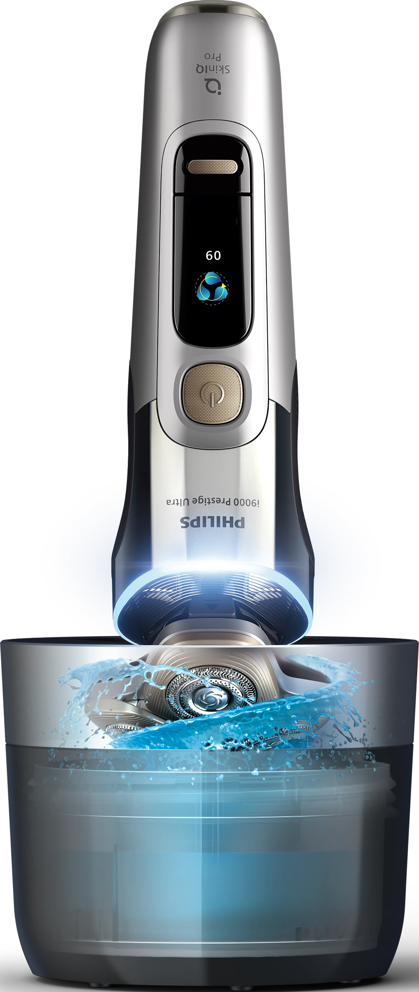 Silberner und schwarzer Philips Rasierer mit Ladestation, Wasser.