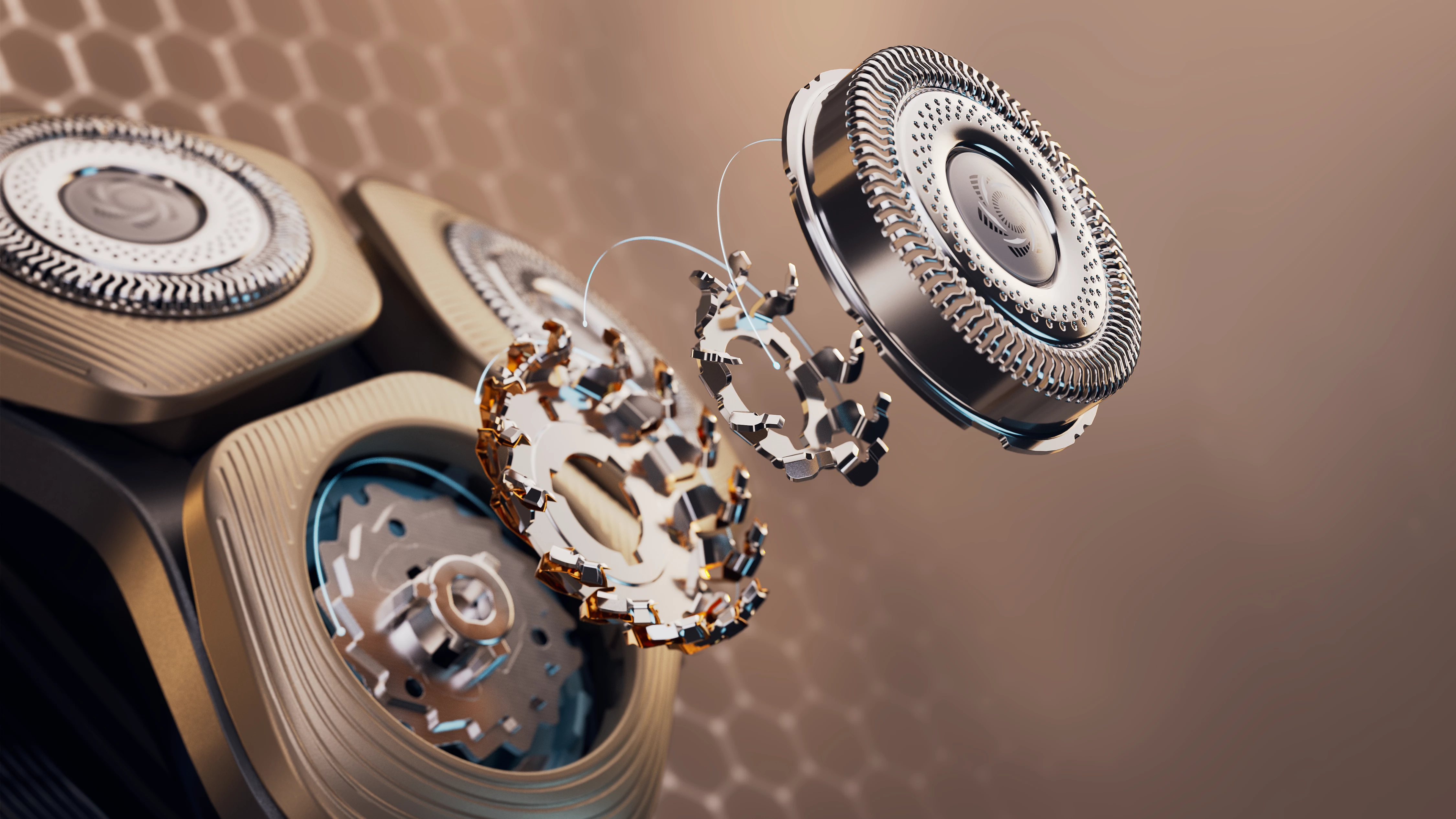 Nahaufnahme der Philips-Rasierköpfe und der Innengtriebe. Metallisches Finish mit Details des Mechanismus.