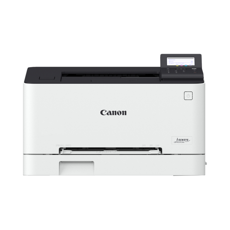 Ein weißer und schwarzer Canon Drucker mit Bildschirm, auf weißem Hintergrund.