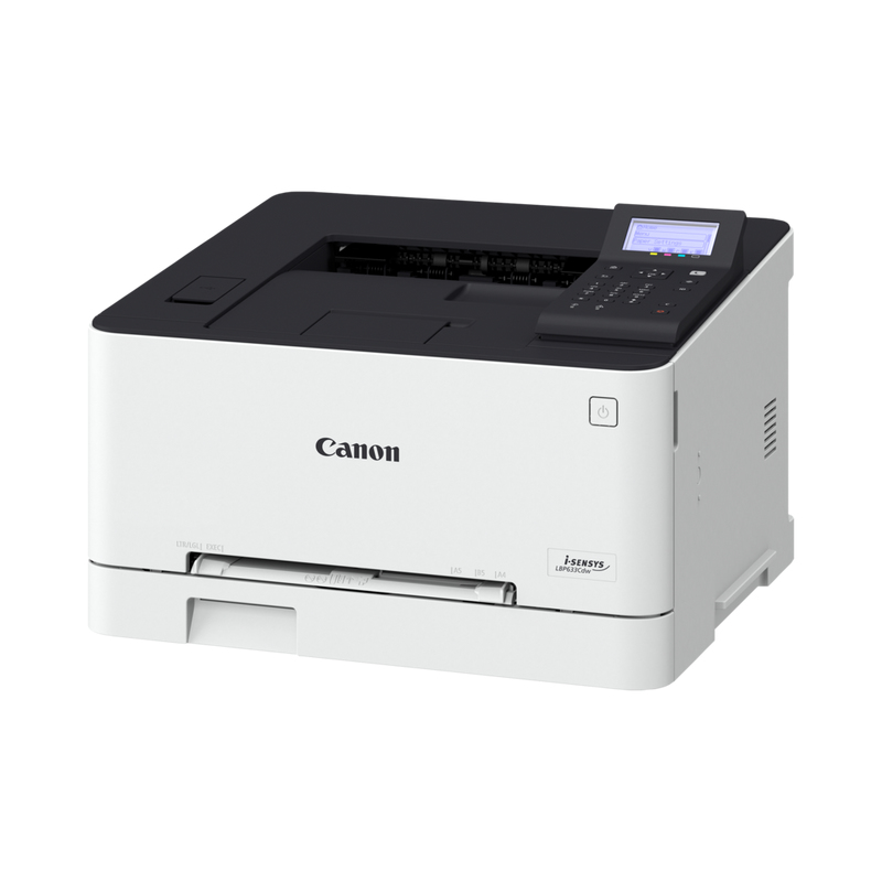 Canon-Drucker, weiß und schwarz, mit Bedienfeld. Das Papierfach ist geöffnet.