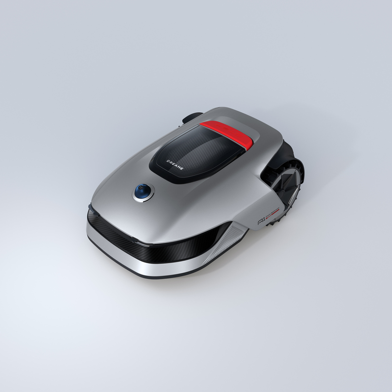 Beyaz bir yüzey üzerinde kırmızı vurgulu gümüş robot çim biçme makinesi.