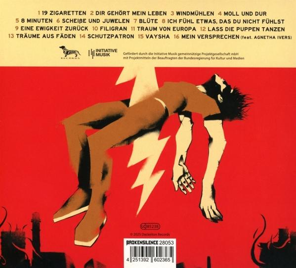 Albumcover mit Titelliste, Blitz und Illustration.