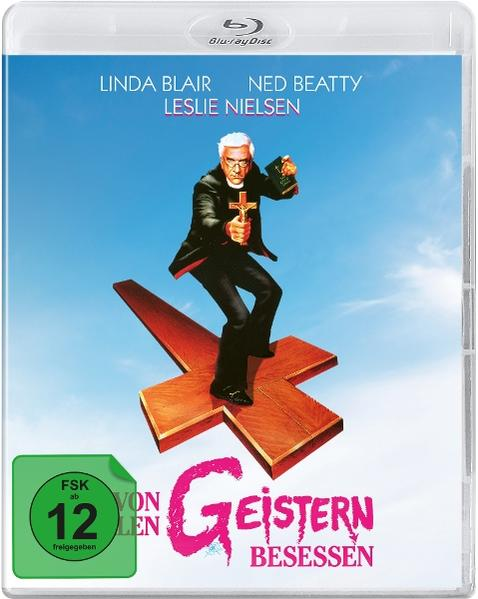 Blu-ray-Cover für "Geistern Besessen". Mann auf Kreuz, hält Kreuz und Buch. Blauer Himmel, deutscher Text.