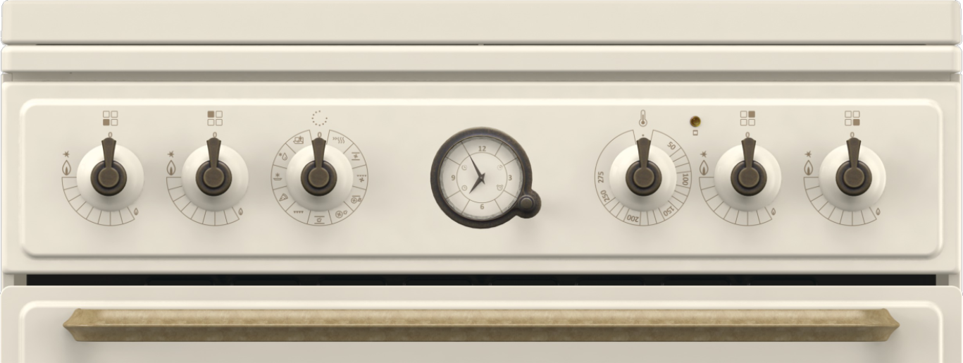 Zbliżenie na elementy sterowania piekarnika: pokrętła, zegar i wskaźniki na kremowym.