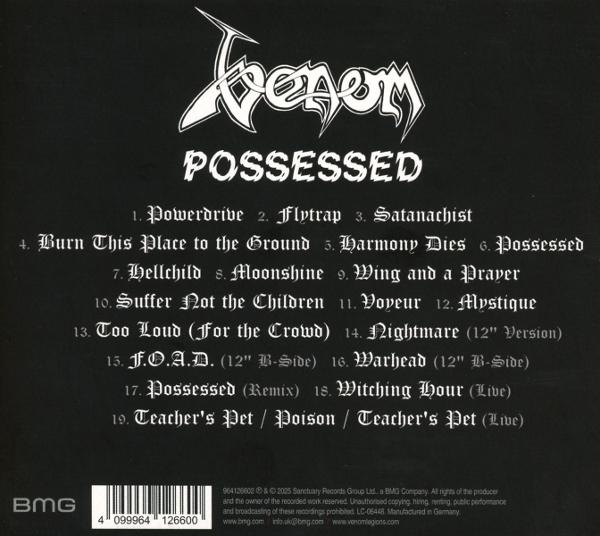 Albumcover der Band Venom mit dem Titel 'Possessed' und Trackliste.