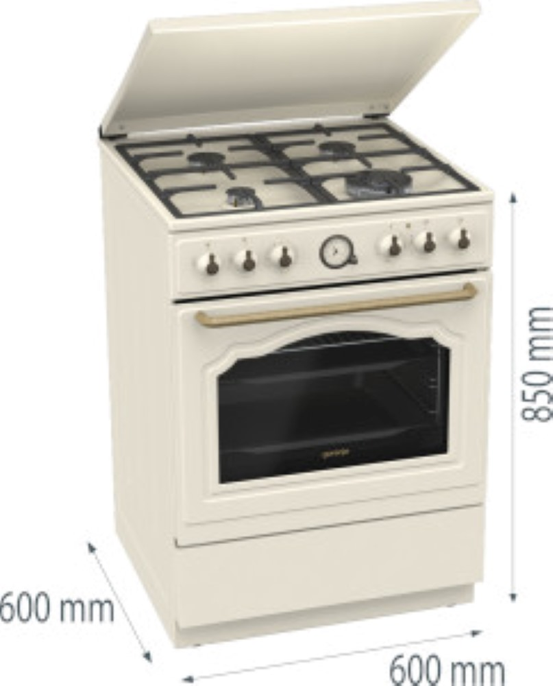 Biało-beżowy piekarnik w stylu vintage z wymiarami.