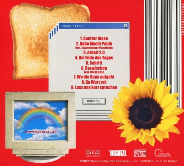 CD-Cover-Art mit Brot, einem Computer, einer Sonnenblume und Text auf Deutsch.