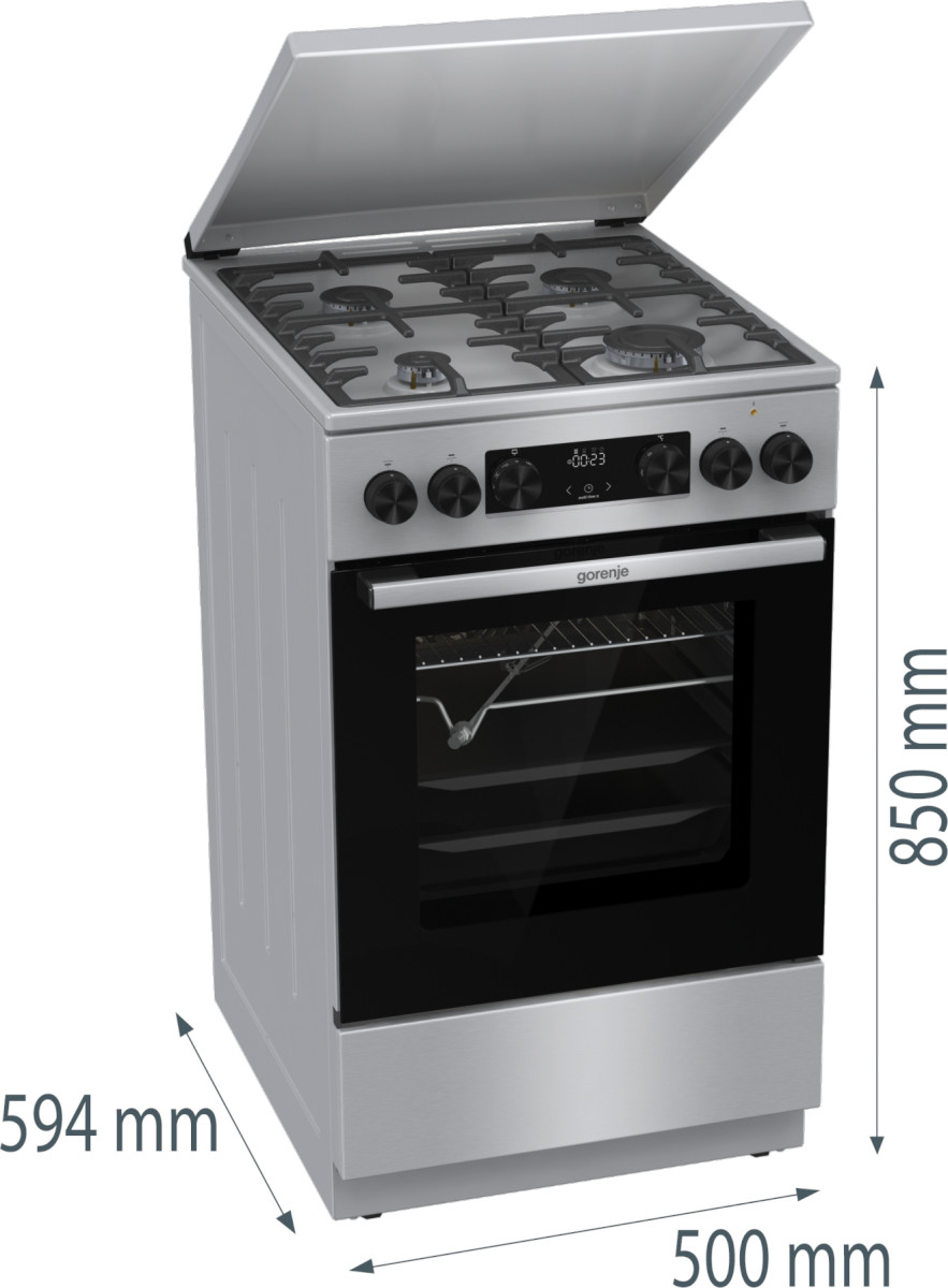 Srebrny piekarnik Gorenje, wymiary pokazane. Góra otwarta, palniki i elementy sterujące.