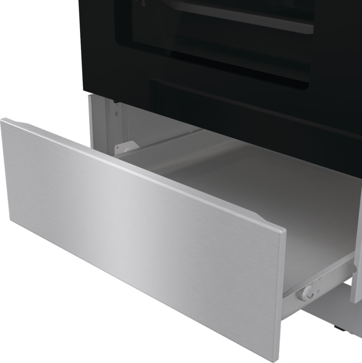 Szara szuflada piekarnika ze srebrnym frontem.