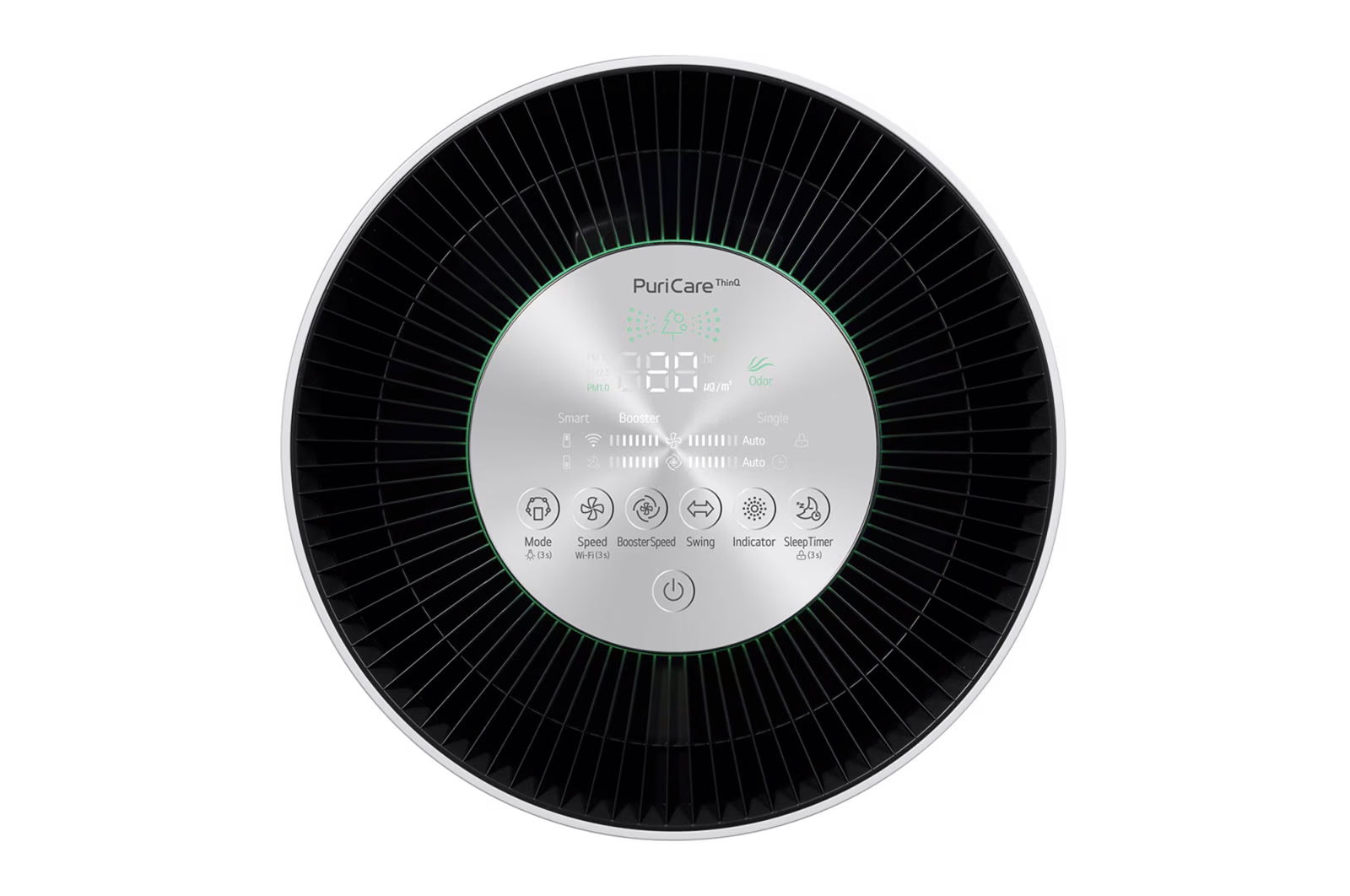 Kontrol paneli ve hava filtresi olan bir LG hava temizleyicisinin üstten görünümü.