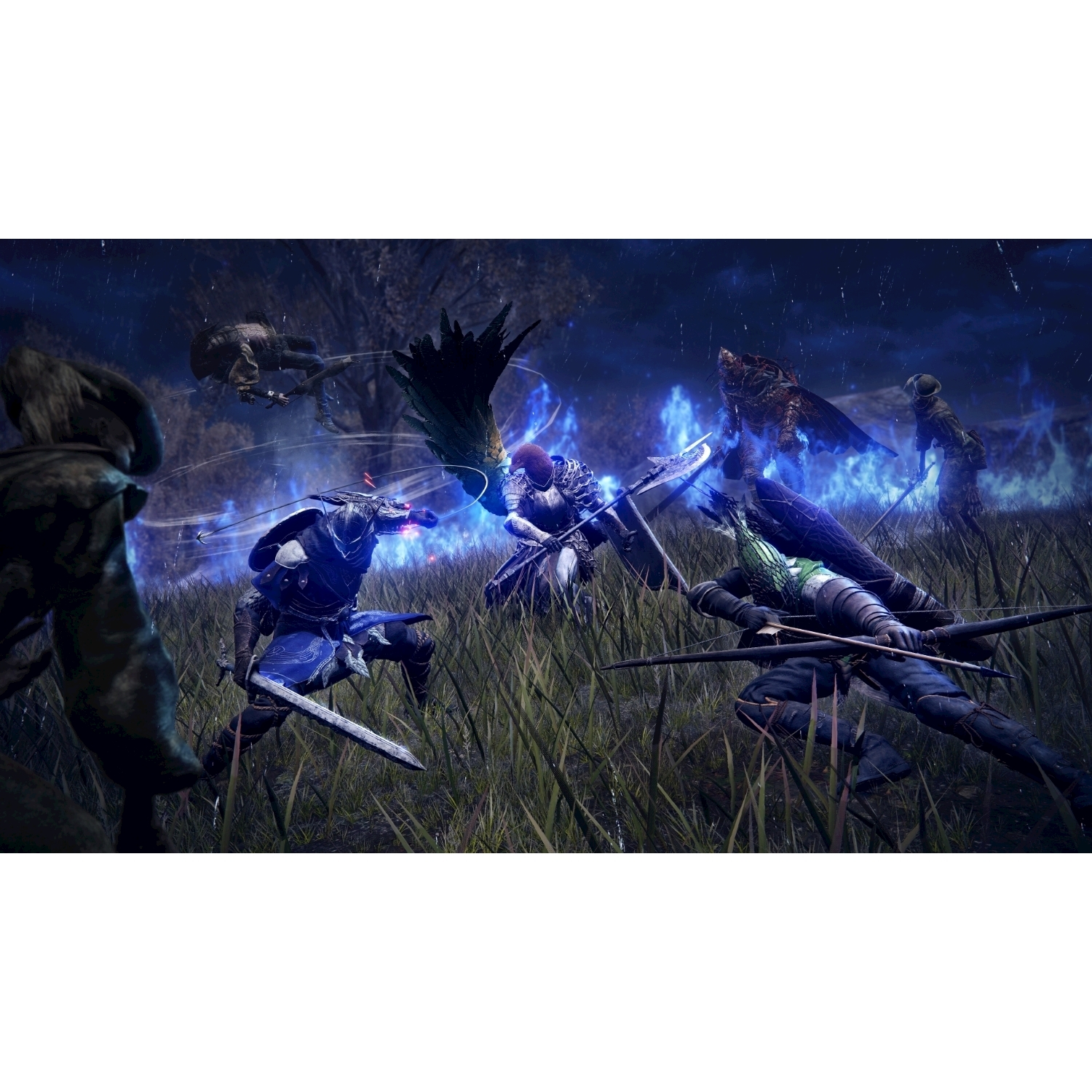 Scena di gioco fantasy con guerrieri che combattono contro mostri. Effetti blu e verdi, ambientazione oscura.